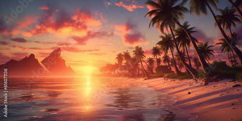Beautiful beach with coconut trees at sunset with copy space. Generative ai