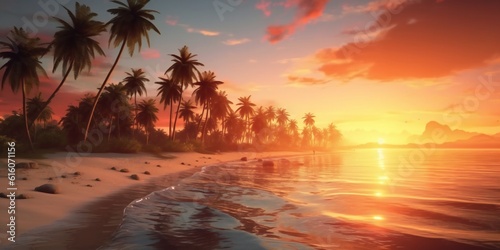 Beautiful beach with coconut trees at sunset with copy space. Generative ai