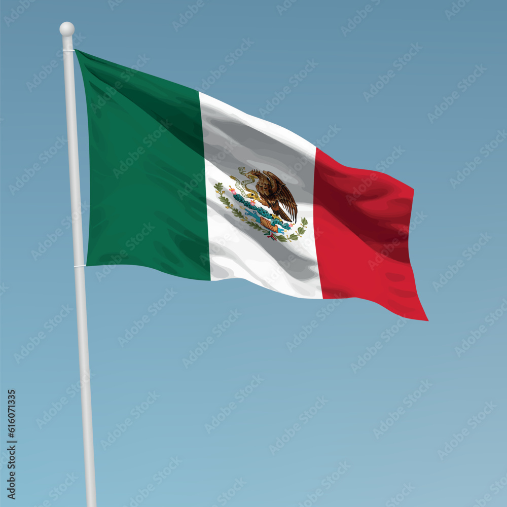 Waving flag of Mexico on flagpole. Template for independence day Waving flag of Mexico on flagpole. Template for independence day