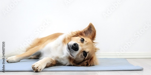 Canvas Print Cute mixed breed dog lying on cool mat looking up on white background with copy space