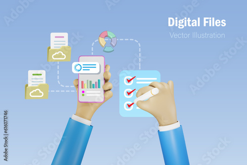 Businessman working on digital folder and files sharing transfered via cloud computing. Wireless technology on mobile and tablet devices for smart working. 3D vector.