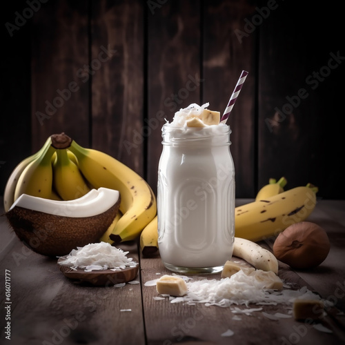 banana smoothie on wooden table