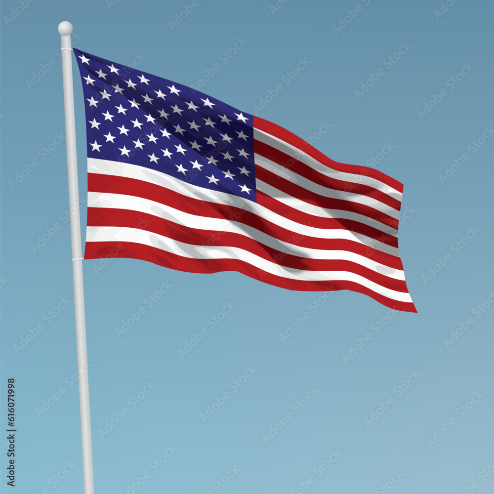 Waving flag of United States on flagpole. Template for independence day
