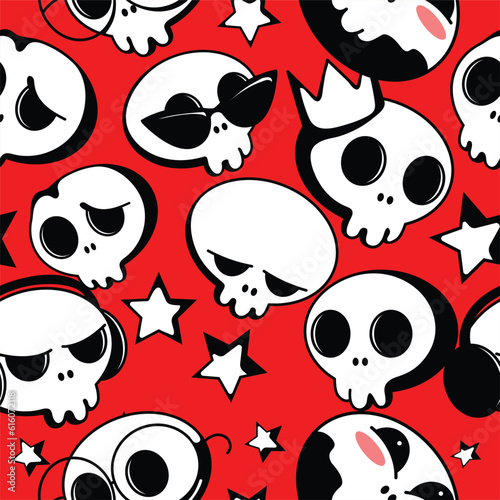 Vector pattern with cute skulls. Emotional skulls on a bright red background. Seamless scalable background for prints or websites. 
