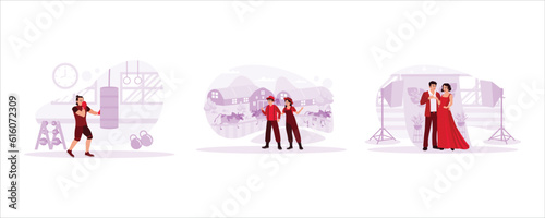 Boxing athlete practicing boxing. Happy young farmer couple. A young couple is having a photo shoot in a photo studio. Concept of work and skills. Trend Modern vector flat illustration.