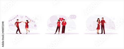 Lovers couple doing a romantic dance and quarreling young couple. Romantic couple in elegant and graceful clothes. Trend Modern vector flat illustration.