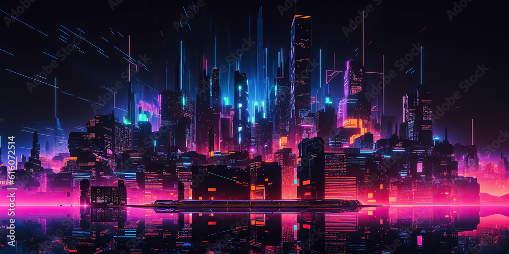 Fototapeta premium ai generated Illustration night city landscape concept. neon Light glowing on dark scene