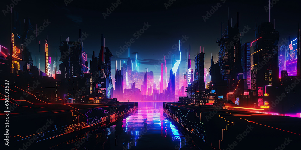 ai generated  Illustration night city landscape concept. neon Light glowing on dark scene