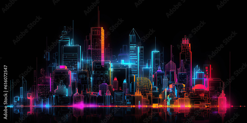 ai generated  Illustration night city landscape concept. neon Light glowing on dark scene