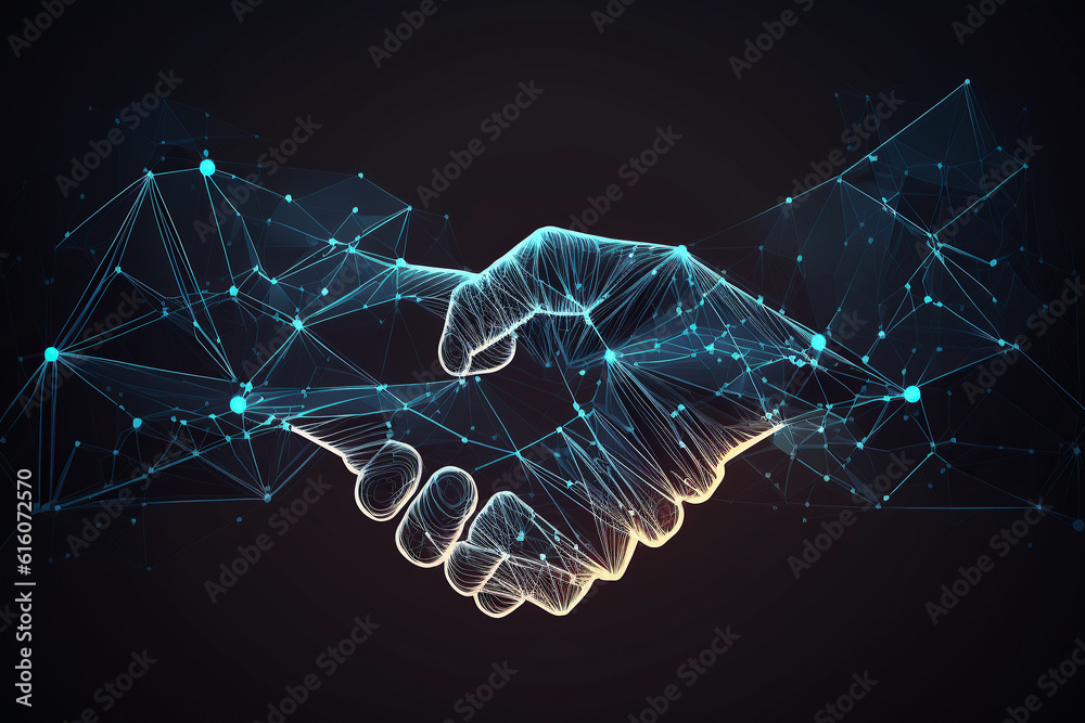 ai generated  Illustration two wire-frame glowing hands, handshake, technology, business, trust concep - obrazy, fototapety, plakaty 