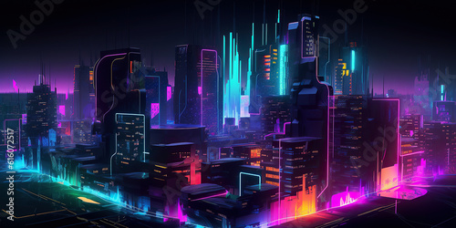 ai generated Illustration night city landscape concept. neon Light glowing on dark scene