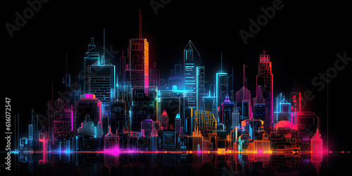 ai generated Illustration night city landscape concept. neon Light glowing on dark scene