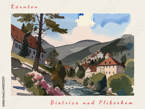 Bistrica nad Pliberkom: Postcard design with a scene in Austria and the city name Bistrica nad Pliberkom