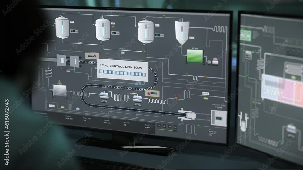 Technician Connects To Monitors On Milk Conveyor Line Using Industrial Equipment UI. Technician Uses UI To Control Manufacturing Factory Equipment. Technician Manages Plant In UI Of Modern Equipment