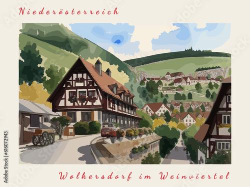 Wolkersdorf im Weinviertel: Postcard design with a scene in Austria and the city name Wolkersdorf im Weinviertel photo