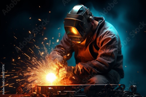 Welder Wearing Welding Gear with Sparks A Skilled Welder in the Industrial Setting with Bokeh and Sparkle Background, Generative AI.