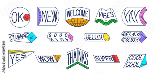 Set of trendy Y2K labels, patches, and shapes. Positive and motivational slogans. Vector design elements