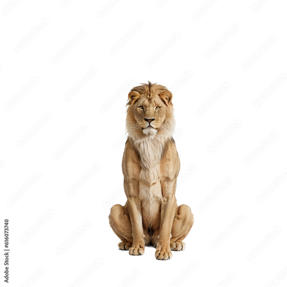Obraz premium ront view of a sitting majestic lion, on transparent background, generative AI