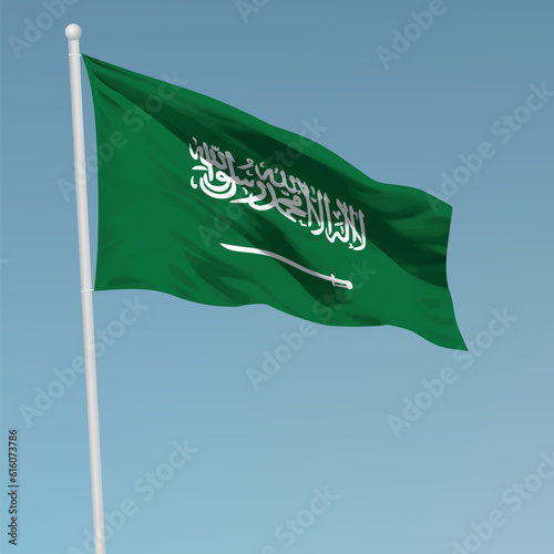 Waving flag of Saudi Arabia on flagpole. Template for independence day