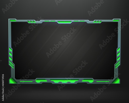 Abstract live stream webcam overlay metal frame with neon green border screen panel on black background