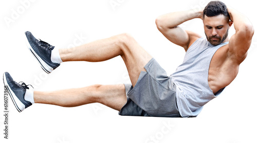 Sporty man stretching and warm-up doing special exercises for muscles before work his body out on a transparent background