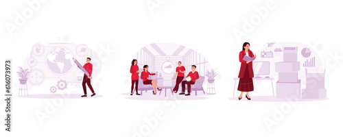 Digital advertising technology. A group of young startup businessmen. SME business women entrepreneurs online. Trend modern vector flat illustration.