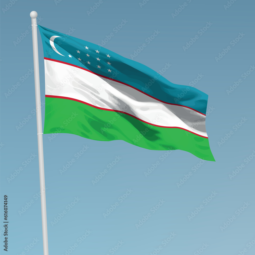 Waving flag of Uzbekistan on flagpole. Template for independence day Waving flag of Uzbekistan on flagpole. Template for independence day