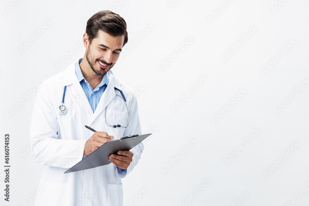 Man doctor in white coat with stethoscope and folder for notes and patient records smile and good test results look into camera on white isolated background, copy space, space for text, health