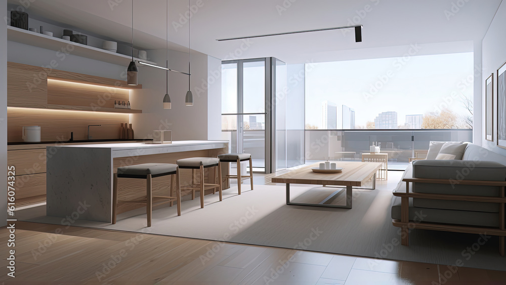 A kitchen that boasts a combination of a wood finish, creating an inviting atmosphere within the white interior of the apartment. Photorealistic illustration, Generative AI A kitchen that boasts a combination of a wood finish, creating an inviting atmosphere within the white interior of the apartment. Photorealistic illustration, Generative AI