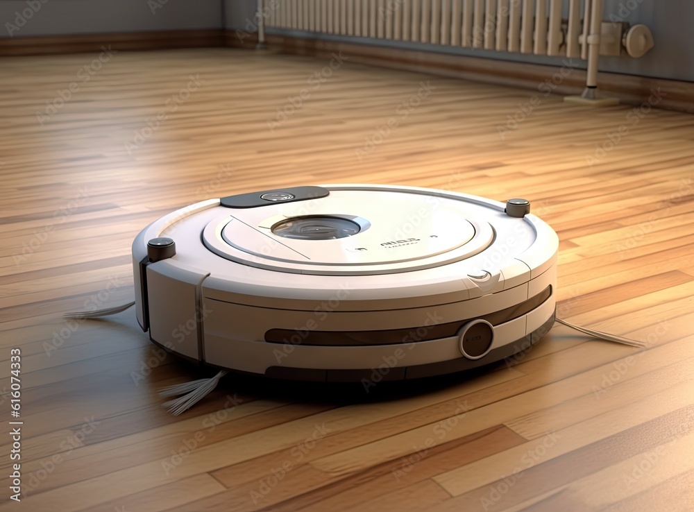 Obraz premium robotic vacuum cleaner on laminate wood floor smart cleaning technology created with Generative AI technology