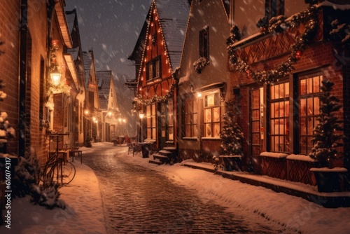 beautiful winter landscape with a small European town with a festive Christmas decorations  ai tools generated image
