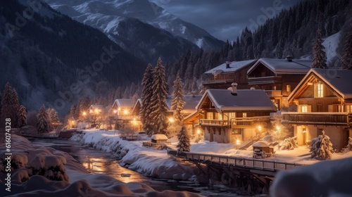 beautiful winter landscape with a small village in Alps with a festive Christmas decorations, ai tools generated image