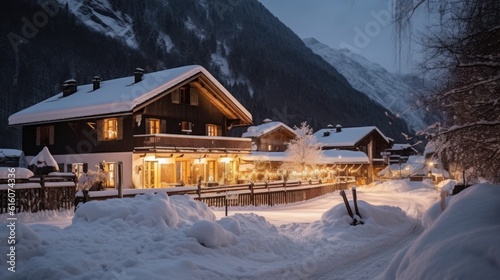 beautiful winter landscape with a small village in Alps with a festive Christmas decorations, ai tools generated image
