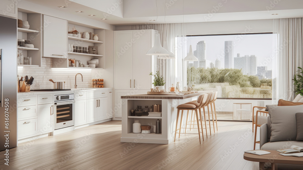 A contemporary white kitchen that features built-in white furniture, accentuating its clean and modern design. Photorealistic illustration, Generative AI A contemporary white kitchen that features built-in white furniture, accentuating its clean and modern design. Photorealistic illustration, Generative AI