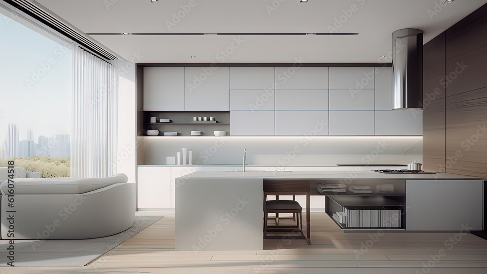 A white kitchen that embodies a minimalistic design, characterized by its modern and clean aesthetic. Photorealistic illustration, Generative AI A white kitchen that embodies a minimalistic design, characterized by its modern and clean aesthetic. Photorealistic illustration, Generative AI