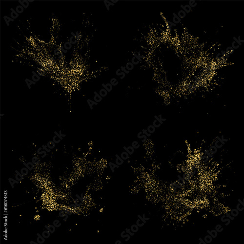 Explosion of golden glitter confetti. Gold dust and particles splatter or shimmer. Sparkling glitter texture effect, set of design elements.
