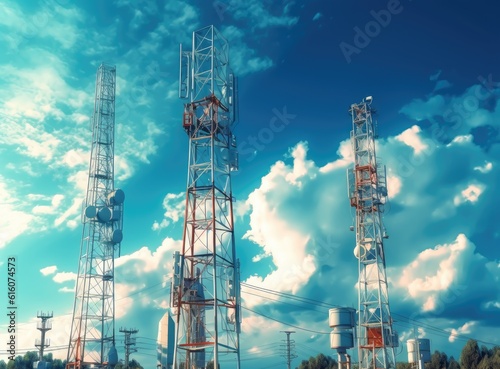 tower with mobile operator antennas on the background sky, 5G, 4G, 3G, mobile technologies, new generation communications created with Generative AI technology