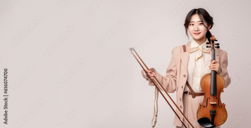 a smiling young woman holding and playing a violin in soft cream and beige background generative ai a smiling young woman holding and playing a violin in soft cream and beige background generative ai