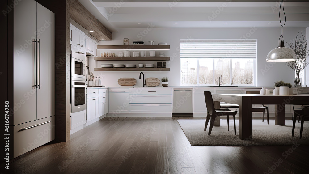 A white kitchen with the wood finish accent that adds warmth and natural beauty to the space. Photorealistic illustration, Generative AI A white kitchen with the wood finish accent that adds warmth and natural beauty to the space. Photorealistic illustration, Generative AI