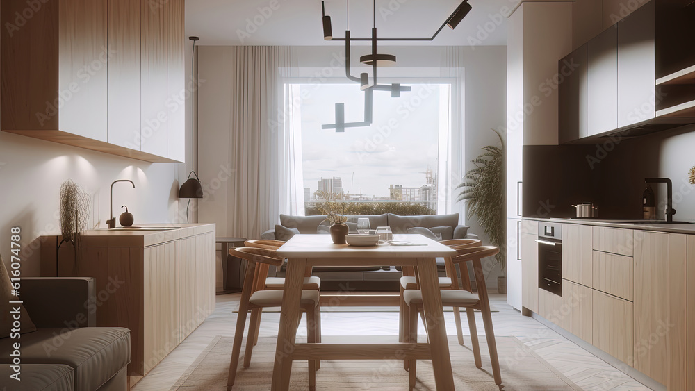A small kitchen that offers functionality and style, creating a welcoming atmosphere. Photorealistic illustration, Generative AI A small kitchen that offers functionality and style, creating a welcoming atmosphere. Photorealistic illustration, Generative AI