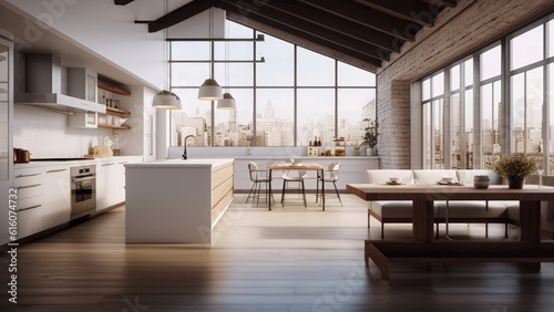 A bright kitchen with a white interior and a brick wall  complemented by the city view outside  creating a vibrant atmosphere in the space. Photorealistic illustration  Generative AI