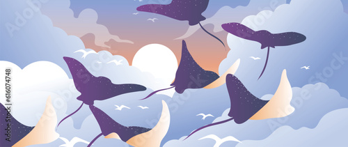 Abstract supernatural background vector. Natural wallpaper pattern design of hand drawn stingrays, sky, cloud, sunrise, sunset. Modern design illustration for decoration, wall decor, prints.