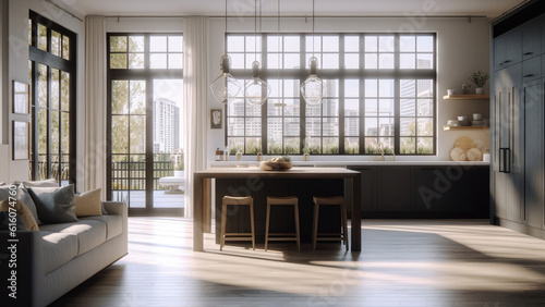 A bright kitchen that offers seamless access to a deck  allowing for a seamless indoor-outdoor flow. Photorealistic illustration  Generative AI