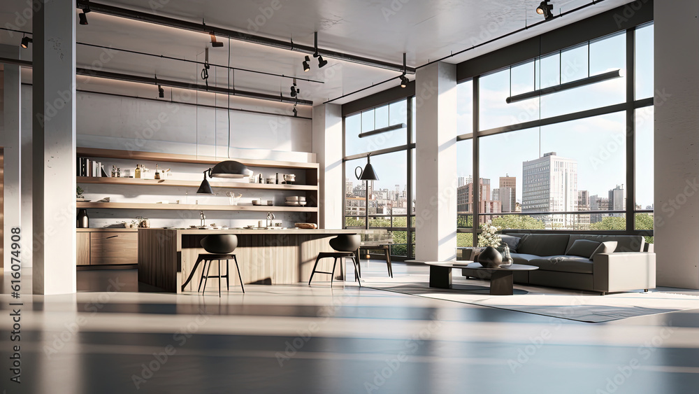 A spacious kitchen boasting a concrete finish interior that exudes an industrial vibe, complemented by the warmth of the wood furniture. Photorealistic illustration, Generative AI