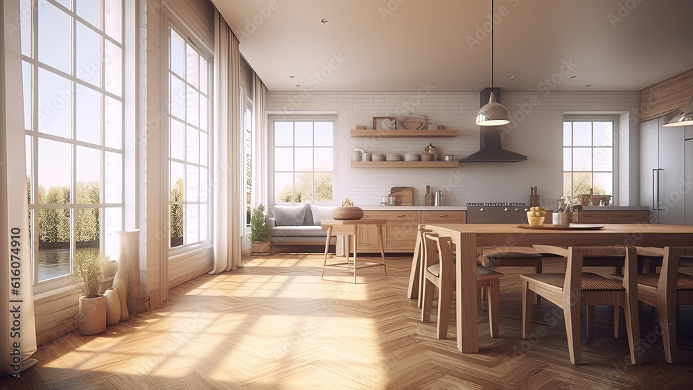 Fototapeta premium A cozy and bright kitchen with its white brick interior, complemented by the wood furniture, creating a welcoming and inviting space. Photorealistic illustration, Generative AI