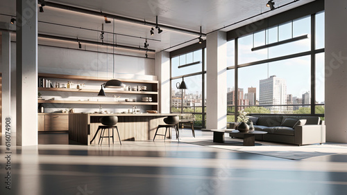 A spacious kitchen boasting a concrete finish interior that exudes an industrial vibe, complemented by the warmth of the wood furniture. Photorealistic illustration, Generative AI © DIMENSIONS