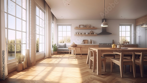 A cozy and bright kitchen with its white brick interior  complemented by the wood furniture  creating a welcoming and inviting space. Photorealistic illustration  Generative AI