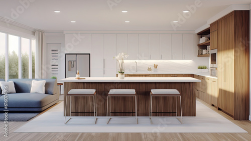 A bright kitchen that showcases a combination of white  marble  and wood  creating a sophisticated and timeless aesthetic. Photorealistic illustration  Generative AI