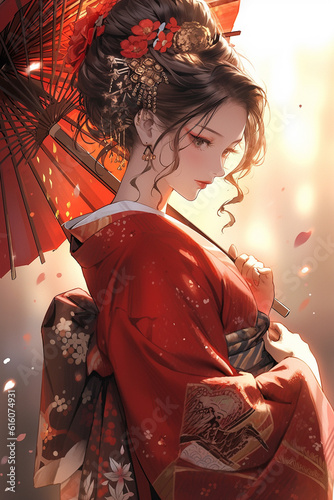 Generative ai. Geisha in kimono with umbrella spring flowers