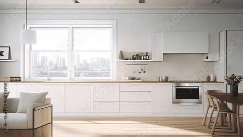 A sunlit kitchen featuring a bright and airy atmosphere with its white interior, complemented by the warmth of the wood furniture. Photorealistic illustration, Generative AI